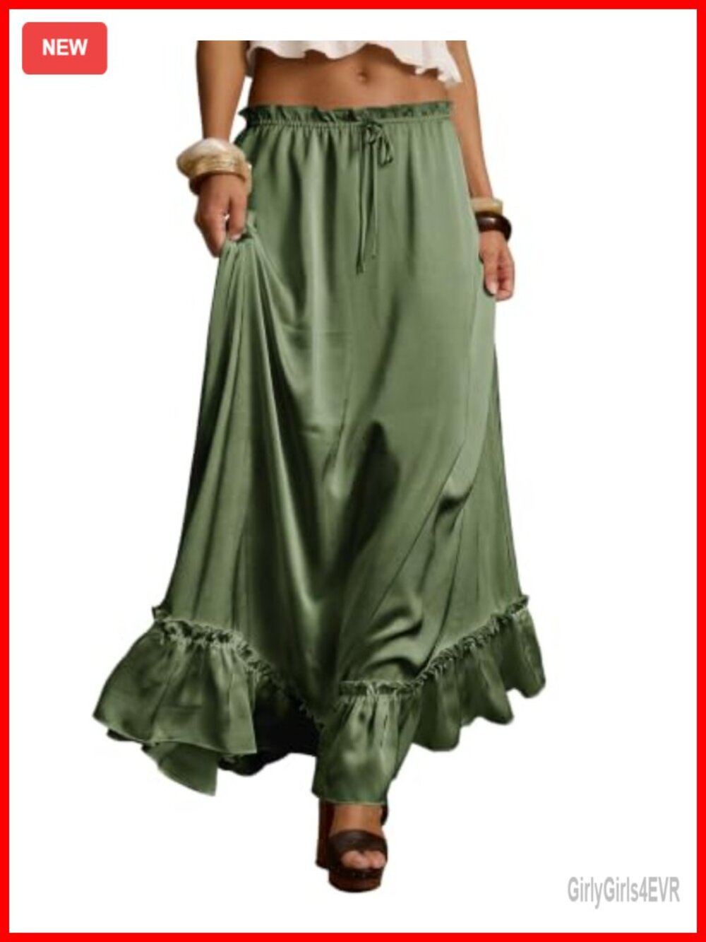 Satin Maxi Skirt Ruffle Hem with Pockets Flowy A-Line Long Skirt